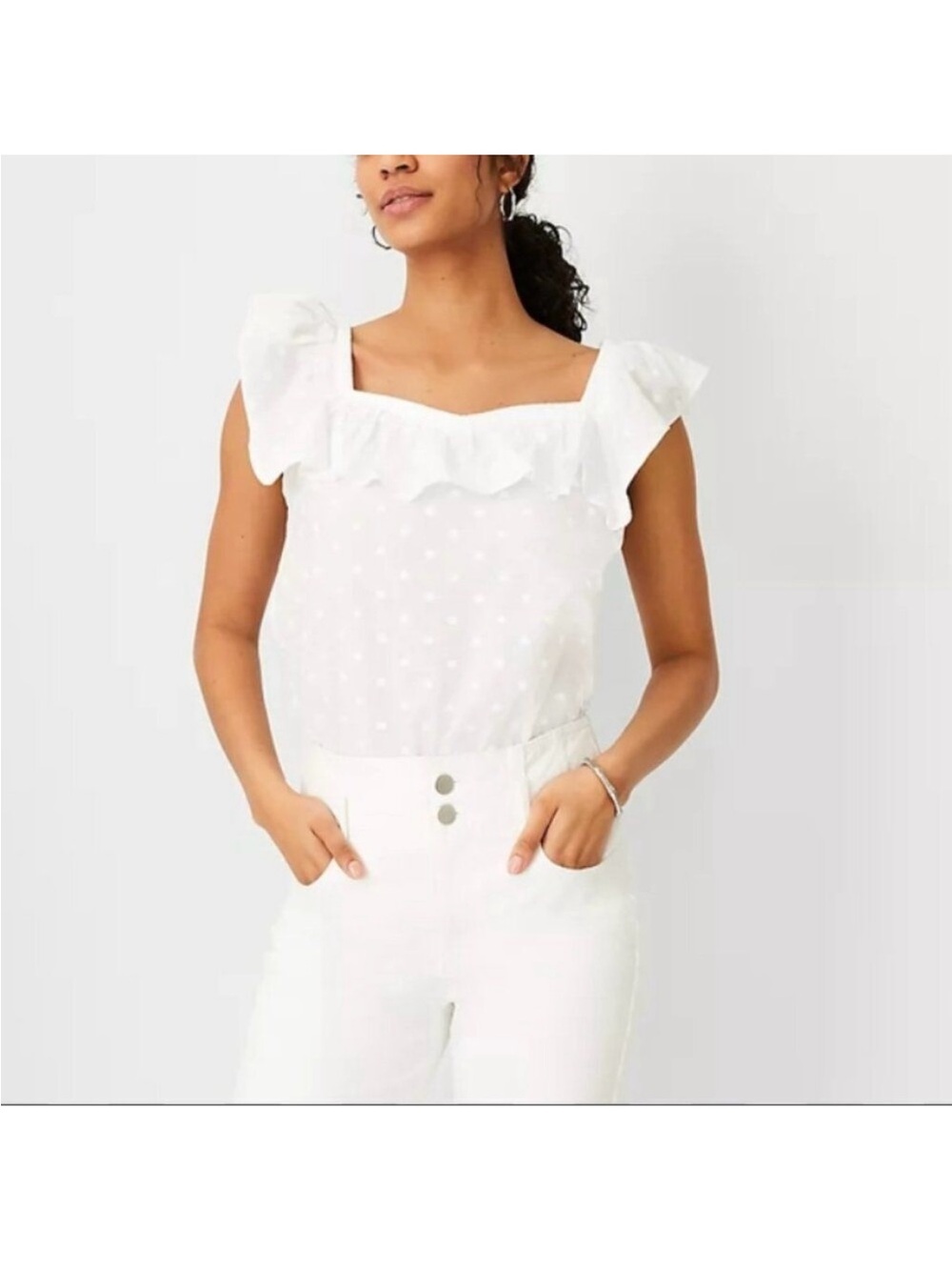Ann Taylor White Ruffle Embroidered Swiss Dot Square-Neck Sleeveless Blouse